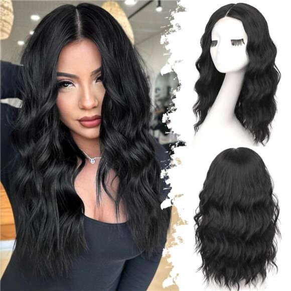 Black Short Wavy Wig for Women Lace Hairline Bob Style Synthetic Heat Resistant - Picture 1 of 6